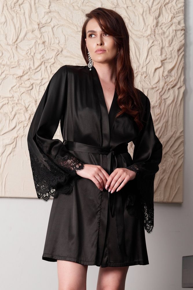 Шовковий жіночий халат Effetto 04101SL-Р, Black (чорний), 3XL
